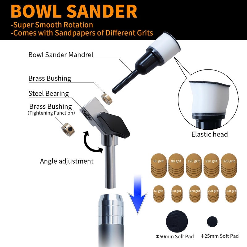 RUITOOL Carbide Wood Lathe Turning Tools Set with Bowl Sander, Including Swan Neck Hollower, Rougher, Finisher, Detailer, 1" & 2" Mandrels, Sandpapers and Aluminum Alloy Handles for Woodturning - Image 5